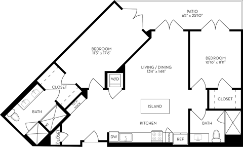 the bed room floor plan of a 1 bedroom apartment